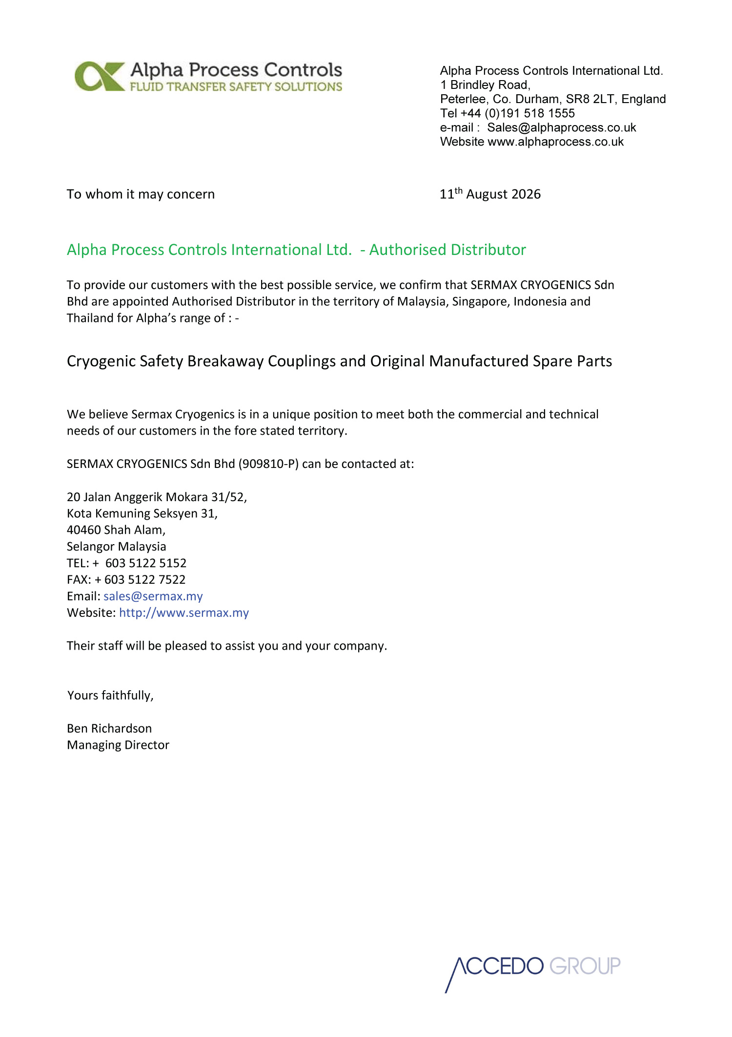 Alpha Process Control Sermax certificate