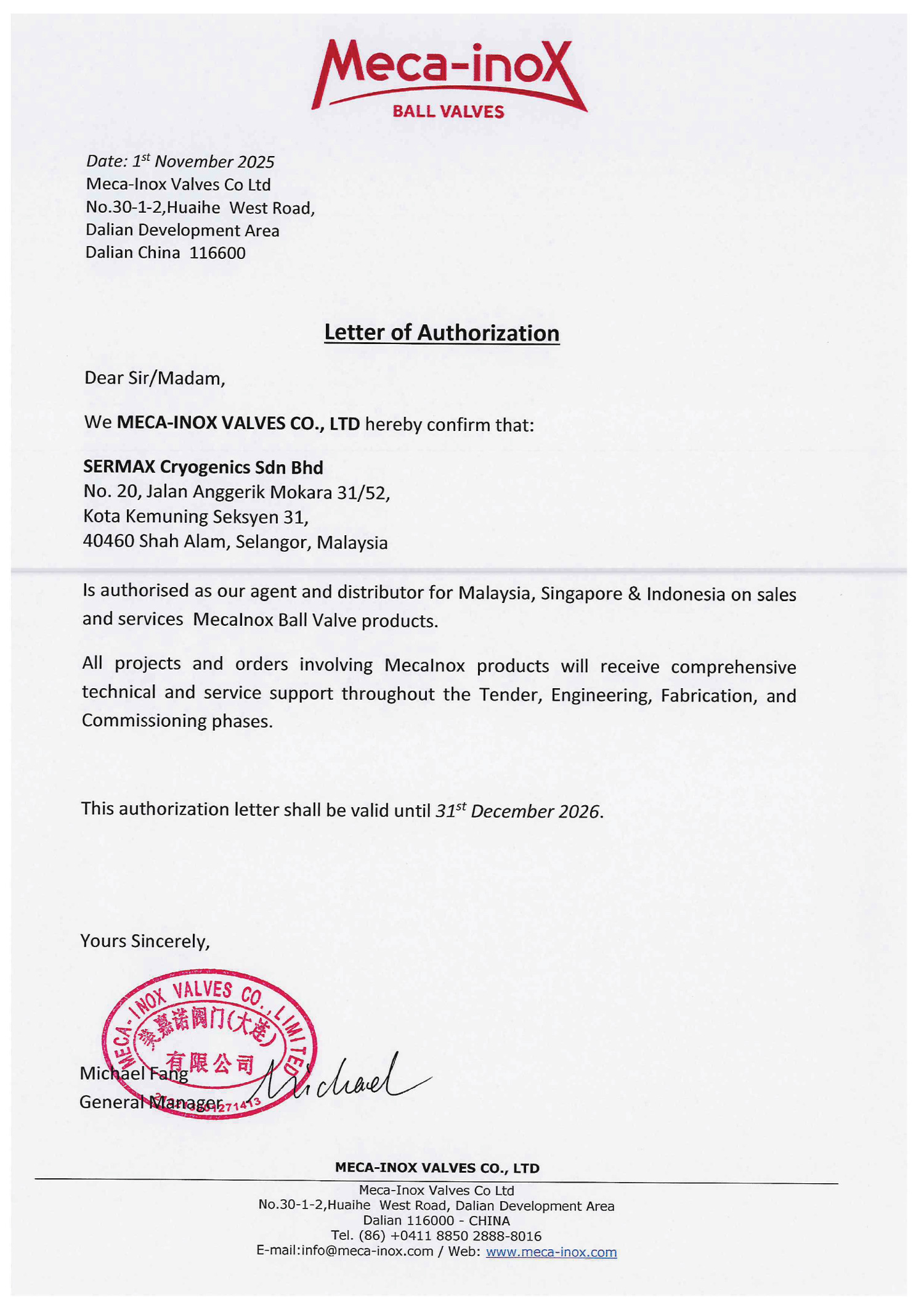 SERMAX Is authorised as MECA-INOX VALVES CO., LTD